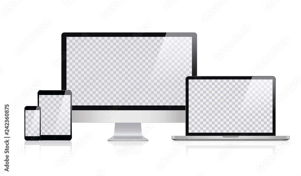 Poster copy of realistic computer, laptop, tablet and mobile phone with transparent wallpaper screen isolat