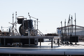 Performance stage with drums before the show. Backstage before a concert