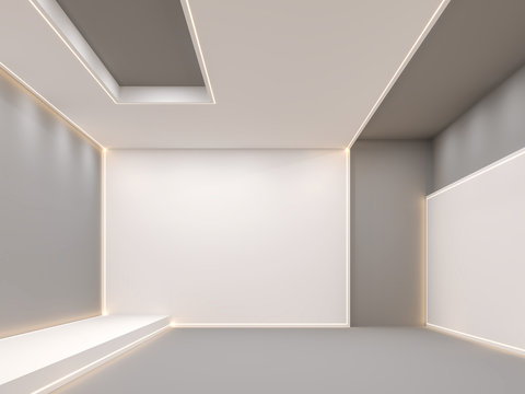 Empty room modern space with white and gray element 3d render.Decorate with Led strip light