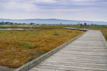 Boardwalk through Alviso Marsh on a cloudy day, San Jose, South San Francisco Bay, California