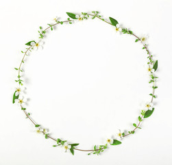 Round frame wreath made of spring wildflowers and leaves isolated on white background. Top view. Flat lay.