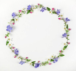 Round frame wreath made of spring wildflowers, lilac flowers, pink buds and leaves isolated on white background. Top view. Flat lay.
