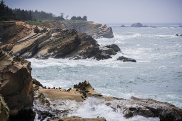 Dramatic shoreline with strange rock formations at Shores Acres State Park, Coos Bay, Oregon