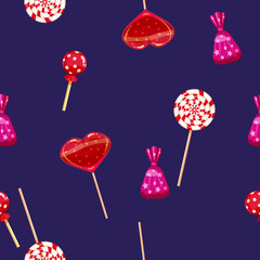 Seamless pattern of colored chocolates in a pack, swirl caramel, chocolate. Cute ornament for packaging, fabric, background, banner, poster, vector, illustration, isolated, cartoon style