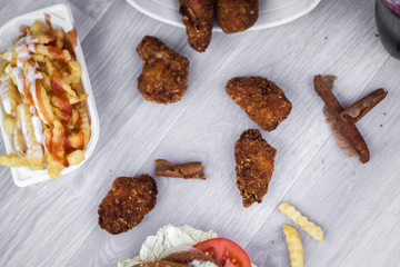 fast food snack to take away, unhealthy dish to eat,  mix of food, potato french fries, beef meat