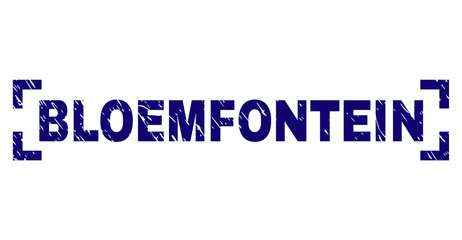 BLOEMFONTEIN caption seal print with corroded style. Text caption is placed between corners. Blue vector rubber print of BLOEMFONTEIN with corroded texture.
