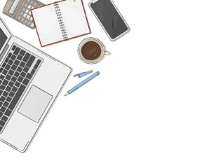 Laptop, phone, Cup of coffee, a notebook and a flower on your desktop the top view. Colorful vector illustration in sketch style. Template. Mock up.