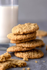 Front view of oatmeal, freshly home made cookies