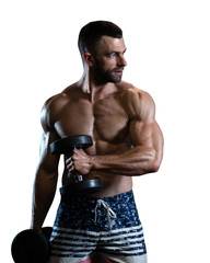 Fototapeta na wymiar isolated handsome young muscular man exercising with dumbbells. Guy trains his bicep