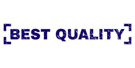 BEST QUALITY text seal print with distress texture. Text title is placed inside corners. Blue vector rubber print of BEST QUALITY with corroded texture.