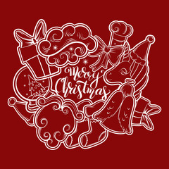 Merry christmas card. New year postcard. Fashion patch badges with bow, unicorn,  handwritten unique lettering, sock . Set of stickers, pins, patches in cartoon 80s-90s comic style