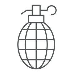 Grenade thin line icon, weapon and army, bomb sign, vector graphics, a linear pattern on a white background.