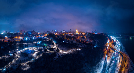 Spectacular nighttime skyline of a big city at night. Kiev, Ukraine