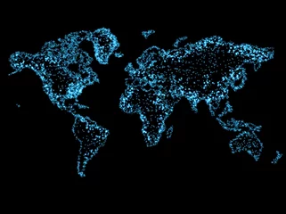 Weltkarte auf technologischem Hintergrund, leuchtende Linien Symbole für Internet, Radio, Fernsehen, Mobil- und Satellitenkommunikation. © Victoria