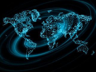 World map on a technological background, glowing lines symbols of the Internet, radio, television, mobile and satellite communications.