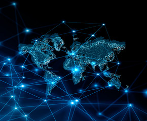 World map on a technological background, glowing lines symbols of the Internet, radio, television, mobile and satellite communications.