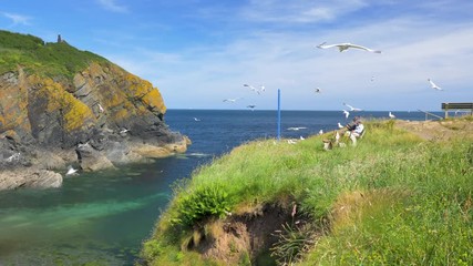 Tourists sitting on a bench, overlooking Cadgwith Cove, on a beautiful Summer day in June, in Cornwall, England.