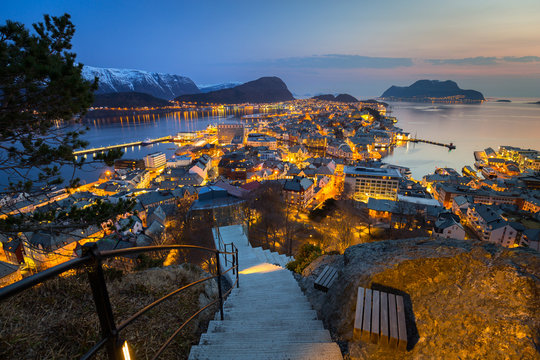 Beautiful view for Alesund town at dusk, Norway