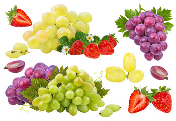 Fresh grapes and strawberry isolated on white background with clipping pass