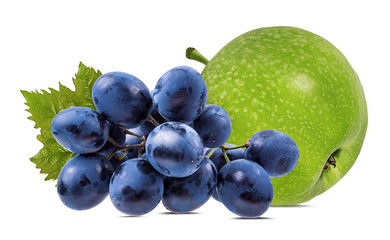 Fresh grapes and green apple isolated on white background with clipping pass