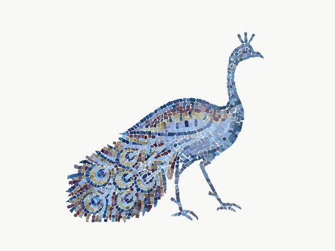 mosaic peacock with isolated white background. hand-drawn mosaic peacock