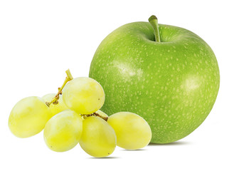 Fresh grapes and green apples isolated on white background with clipping pass