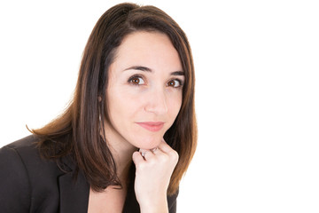 Studio shot of young pretty businesswoman thinking