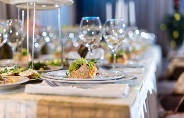 Serving dishes in the restaurant. luxury dinner served on the table