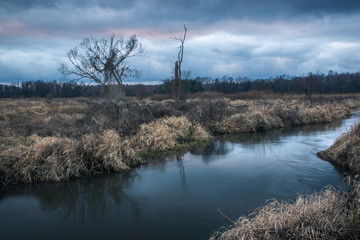 Valley of the Jeziorka river and rainy clouds near Piaseczno, Mazowieckie, Poland