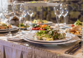 Serving dishes in the restaurant. luxury dinner served on the table