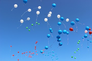 Balloons of different colors, launched into the sky at a children's party