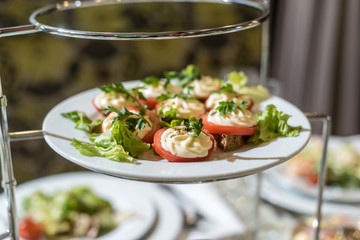 Serving dishes in the restaurant. luxury dinner served on the table