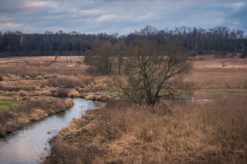 Valley of the Jeziorka river and rainy clouds near Piaseczno, Mazowieckie, Poland