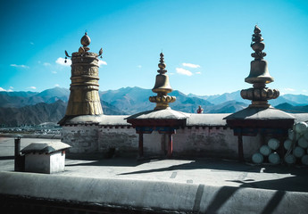 Holy Tibetan Stupas in Tiber with Himalaya in the background