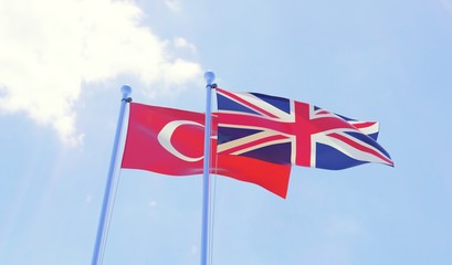 Turkey and United Kingdom, two flags waving against blue sky. 3d image