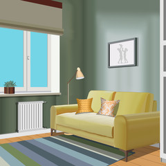 Illustration of a room with window, yellow sofa, vase, lamp, picture . Interior of the room with furniture. Living room illustration.