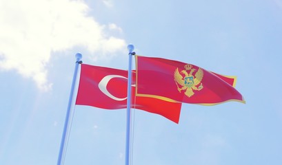 Turkey and Montenegro, two flags waving against blue sky. 3d image