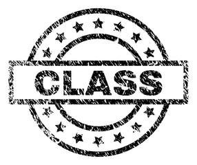 CLASS stamp seal watermark with distress style. Designed with rectangle, circles and stars. Black vector rubber print of CLASS text with unclean texture.