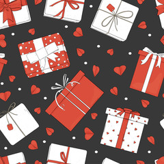 Seamless pattern with gift boxes and hearts. Vector illustration in sketch style. Boxes are tied with ribbons on a white background. Wrapping paper, Wallpaper, textiles. Valentine's day.