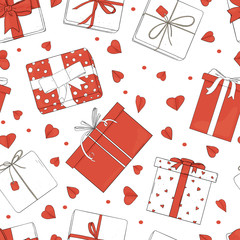Seamless pattern with gift boxes and hearts. Vector illustration in sketch style. Boxes are tied with ribbons on a white background. Wrapping paper, Wallpaper, textiles. Valentine's day.