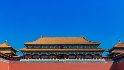 Fototapeta premium Meridian Gate of Forbidden City, under blue sky, in Beijing, China