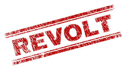 REVOLT seal print with grunge texture. Red vector rubber print of REVOLT title with grunge texture. Text tag is placed between double parallel lines.