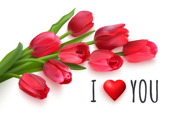 Horizontal Valentines Day card with red tulips