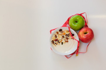 diet concept, apples and yogurt bowl and cereals, healthy diet