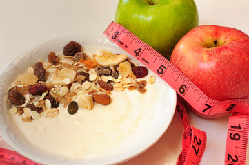 diet concept, apples and yogurt bowl and cereals, healthy diet