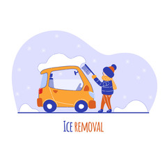 Young man cleans his car from the snow and ice with a brush on the street in winter. Man removes snow from car with the help of special broom. Vector cartoon illustration.