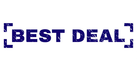 BEST DEAL text seal print with grunge texture. Text caption is placed inside corners. Blue vector rubber print of BEST DEAL with retro texture.