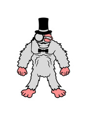 sir herr gentlemen zylinder hut monokel brille reich yeti monster comic cartoon affe groß fabeltier schnee weiß menschenaffe lustig riese berge winter bigfoot clipart design