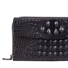 Hipster black leather handbag on white background.