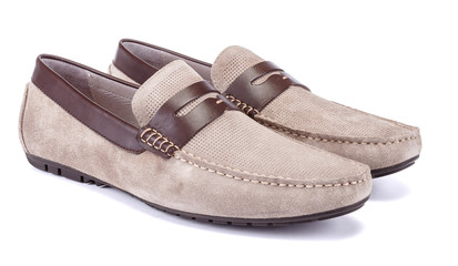Men's light brown loafer shoes with dark brown leather strap